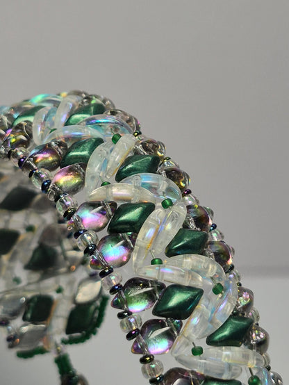 Emerald & Crystal AB Wide Cuff Woven Bracelet, Handmade Czech Glass Bead Bracelet with Iridescent Crescent Beads & Rainbow Border, Artisan Statement Jewelry, Gift for Her