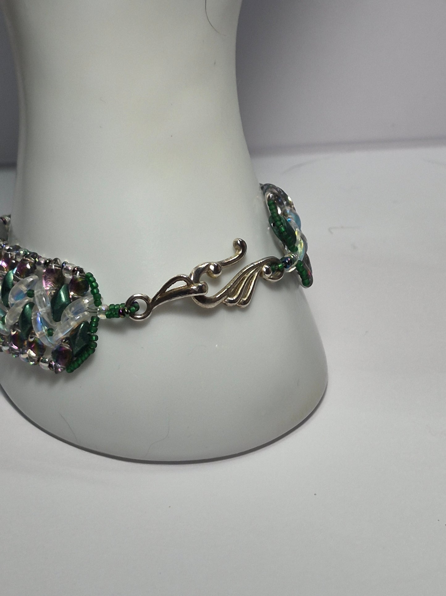 Emerald & Crystal AB Wide Cuff Woven Bracelet, Handmade Czech Glass Bead Bracelet with Iridescent Crescent Beads & Rainbow Border, Artisan Statement Jewelry, Gift for Her