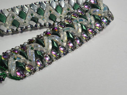 Emerald & Crystal AB Wide Cuff Woven Bracelet, Handmade Czech Glass Bead Bracelet with Iridescent Crescent Beads & Rainbow Border, Artisan Statement Jewelry, Gift for Her