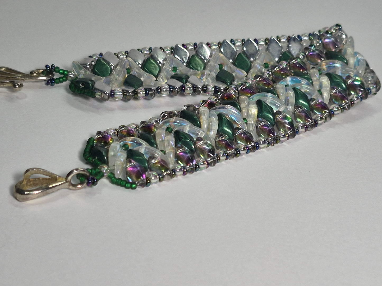 Emerald & Crystal AB Wide Cuff Woven Bracelet, Handmade Czech Glass Bead Bracelet with Iridescent Crescent Beads & Rainbow Border, Artisan Statement Jewelry, Gift for Her