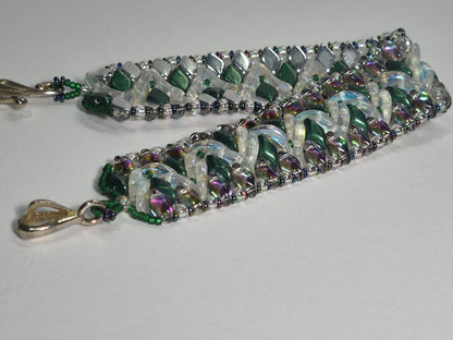 Emerald & Crystal AB Wide Cuff Woven Bracelet, Handmade Czech Glass Bead Bracelet with Iridescent Crescent Beads & Rainbow Border, Artisan Statement Jewelry, Gift for Her