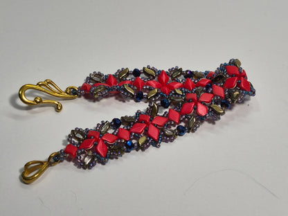 Red & Gold Geometric Lattice Woven Bracelet, Handmade Czech Glass Bead Bracelet with Cobalt Blue Rondelles & Metallic Rainbow Seed Beads, Artisan Statement Jewelry, Gift for Her
