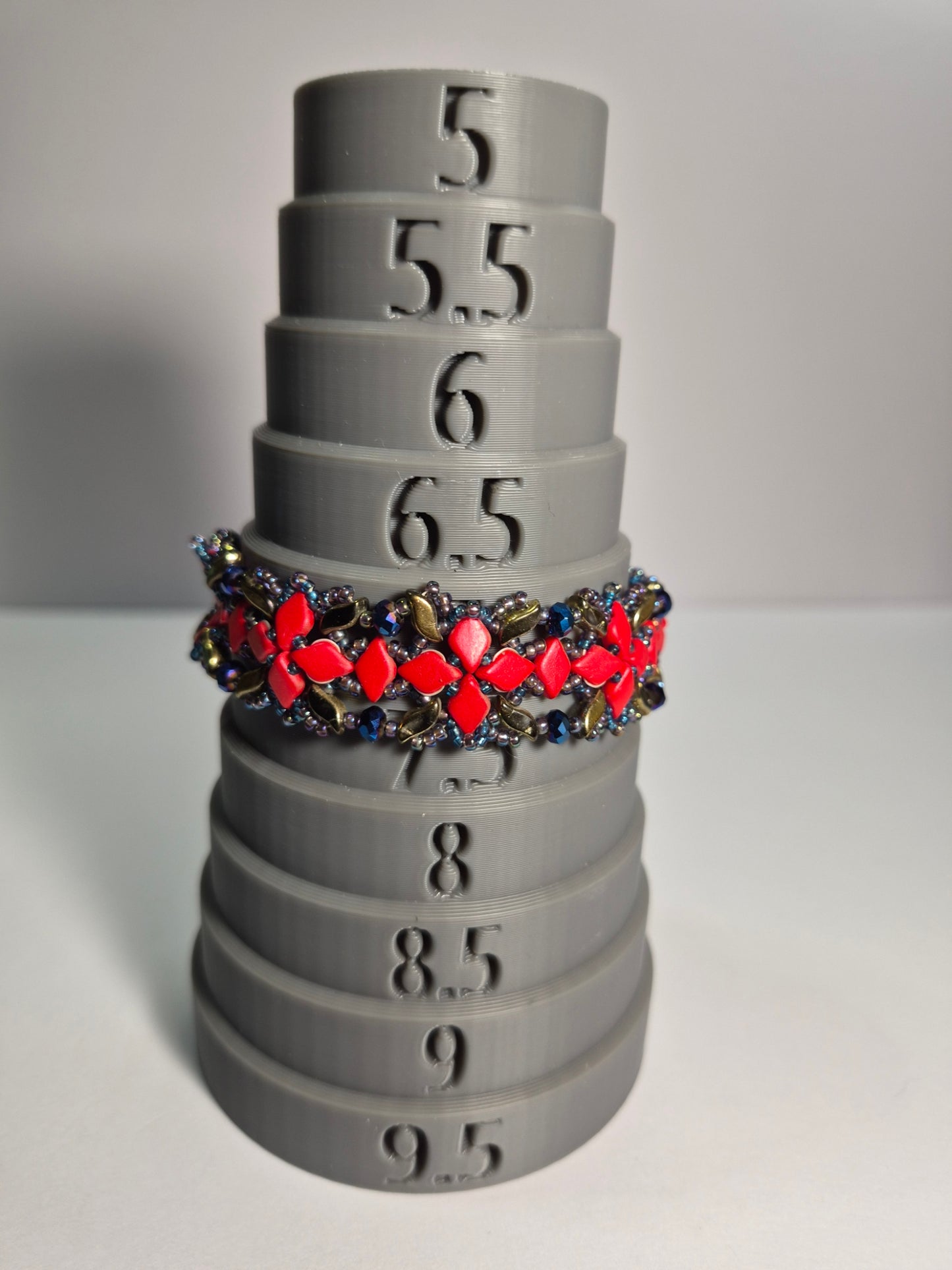Red & Gold Geometric Lattice Woven Bracelet, Handmade Czech Glass Bead Bracelet with Cobalt Blue Rondelles & Metallic Rainbow Seed Beads, Artisan Statement Jewelry, Gift for Her