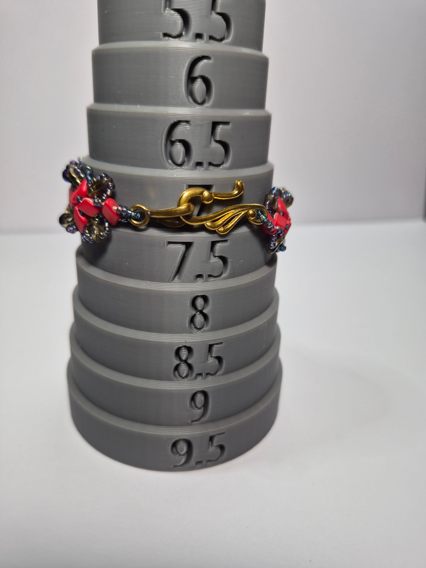 Red & Gold Geometric Lattice Woven Bracelet, Handmade Czech Glass Bead Bracelet with Cobalt Blue Rondelles & Metallic Rainbow Seed Beads, Artisan Statement Jewelry, Gift for Her