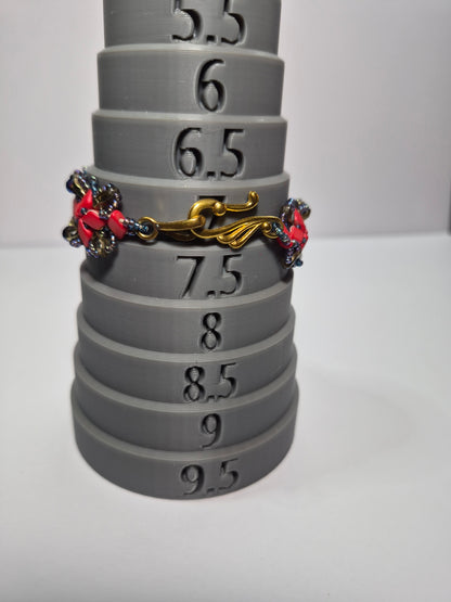 Red & Gold Geometric Lattice Woven Bracelet, Handmade Czech Glass Bead Bracelet with Cobalt Blue Rondelles & Metallic Rainbow Seed Beads, Artisan Statement Jewelry, Gift for Her
