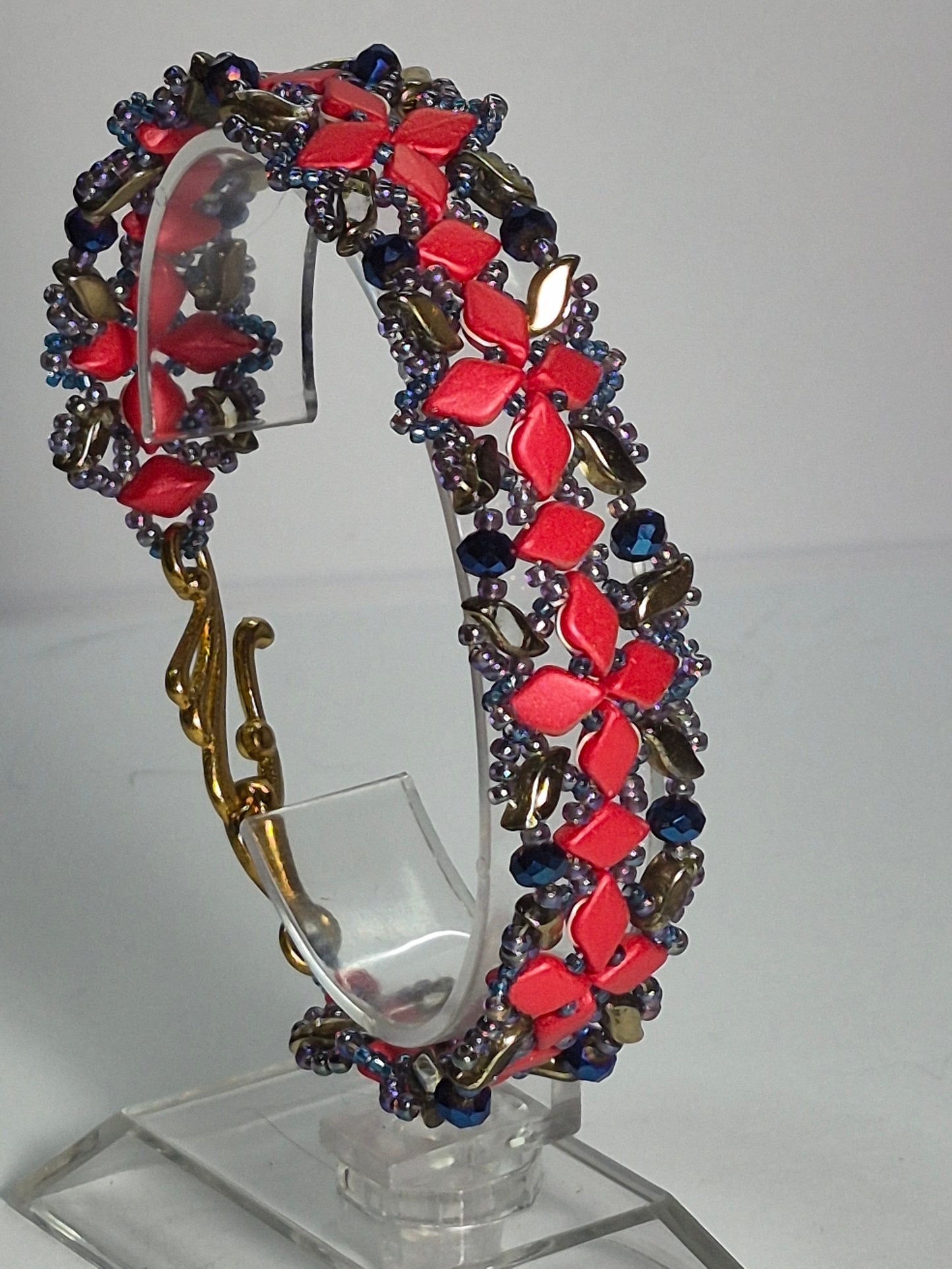 Red & Gold Geometric Lattice Woven Bracelet, Handmade Czech Glass Bead Bracelet with Cobalt Blue Rondelles & Metallic Rainbow Seed Beads, Artisan Statement Jewelry, Gift for Her