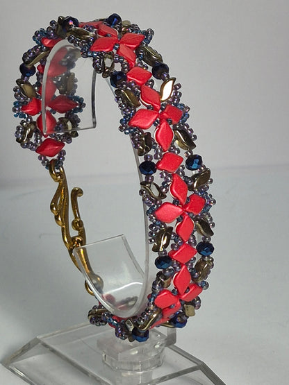 Red & Gold Geometric Lattice Woven Bracelet, Handmade Czech Glass Bead Bracelet with Cobalt Blue Rondelles & Metallic Rainbow Seed Beads, Artisan Statement Jewelry, Gift for Her