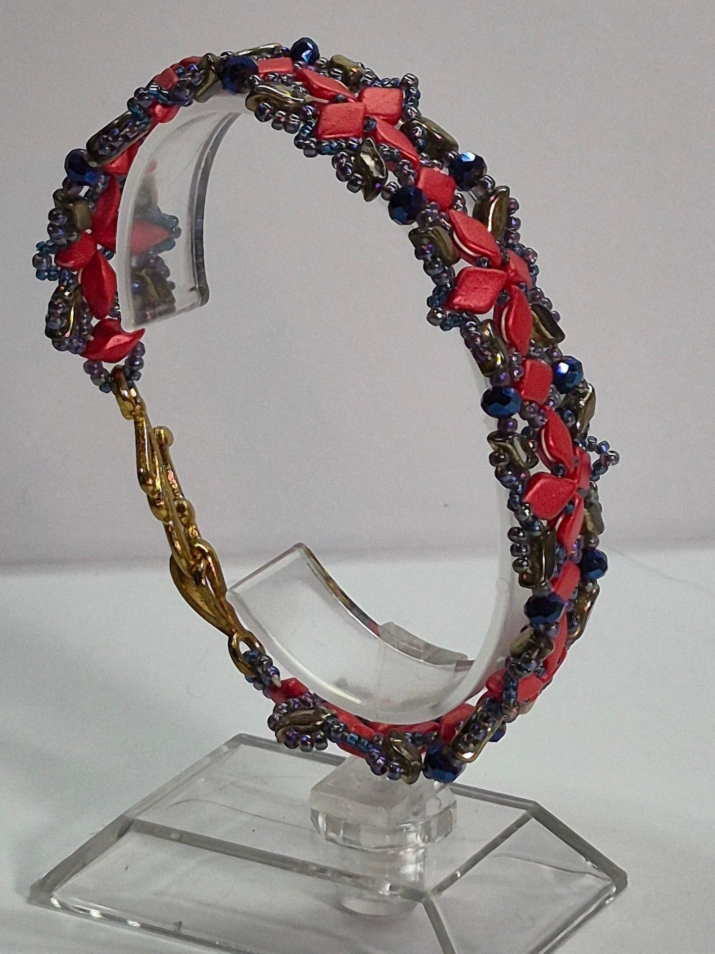 Red & Gold Geometric Lattice Woven Bracelet, Handmade Czech Glass Bead Bracelet with Cobalt Blue Rondelles & Metallic Rainbow Seed Beads, Artisan Statement Jewelry, Gift for Her