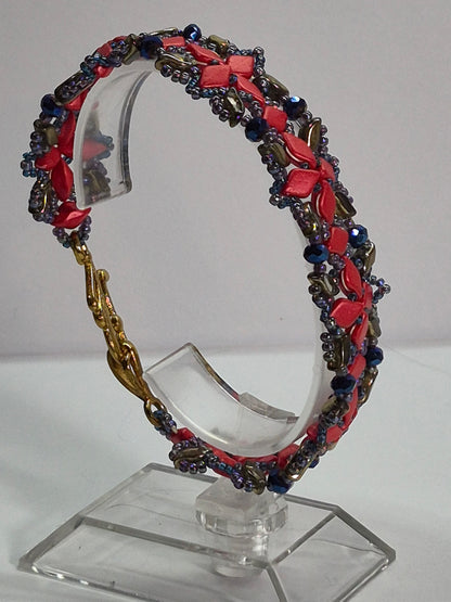 Red & Gold Geometric Lattice Woven Bracelet, Handmade Czech Glass Bead Bracelet with Cobalt Blue Rondelles & Metallic Rainbow Seed Beads, Artisan Statement Jewelry, Gift for Her