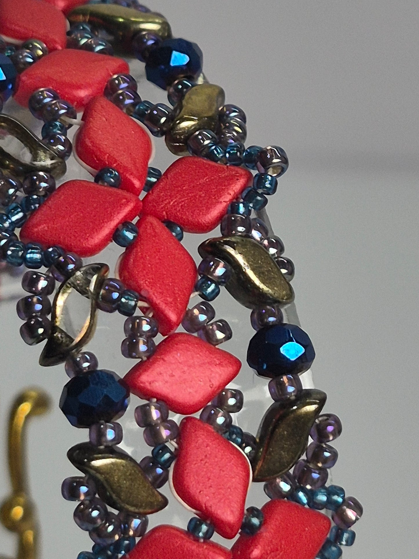 Red & Gold Geometric Lattice Woven Bracelet, Handmade Czech Glass Bead Bracelet with Cobalt Blue Rondelles & Metallic Rainbow Seed Beads, Artisan Statement Jewelry, Gift for Her