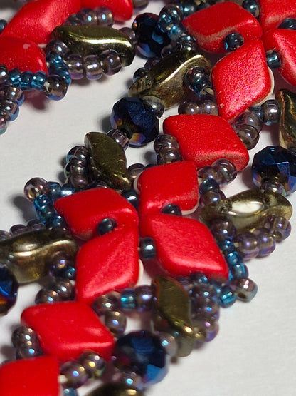 Red & Gold Geometric Lattice Woven Bracelet, Handmade Czech Glass Bead Bracelet with Cobalt Blue Rondelles & Metallic Rainbow Seed Beads, Artisan Statement Jewelry, Gift for Her