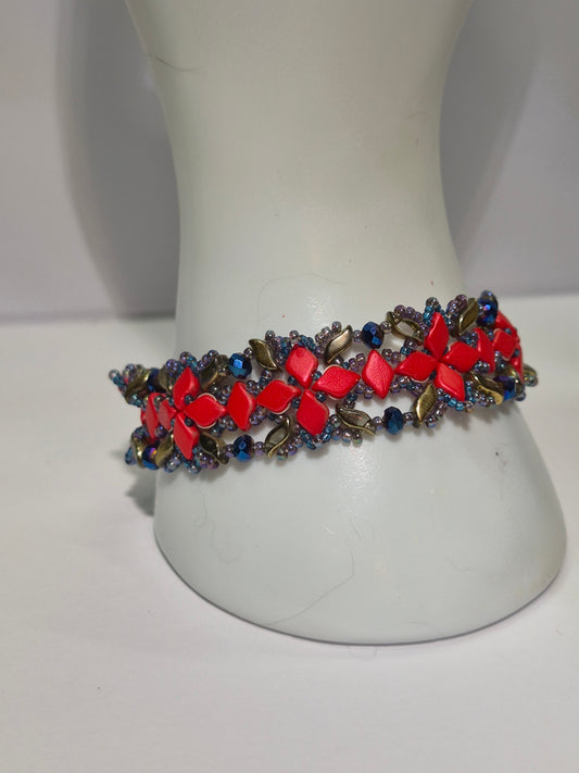 Red & Gold Geometric Lattice Woven Bracelet, Handmade Czech Glass Bead Bracelet with Cobalt Blue Rondelles & Metallic Rainbow Seed Beads, Artisan Statement Jewelry, Gift for Her
