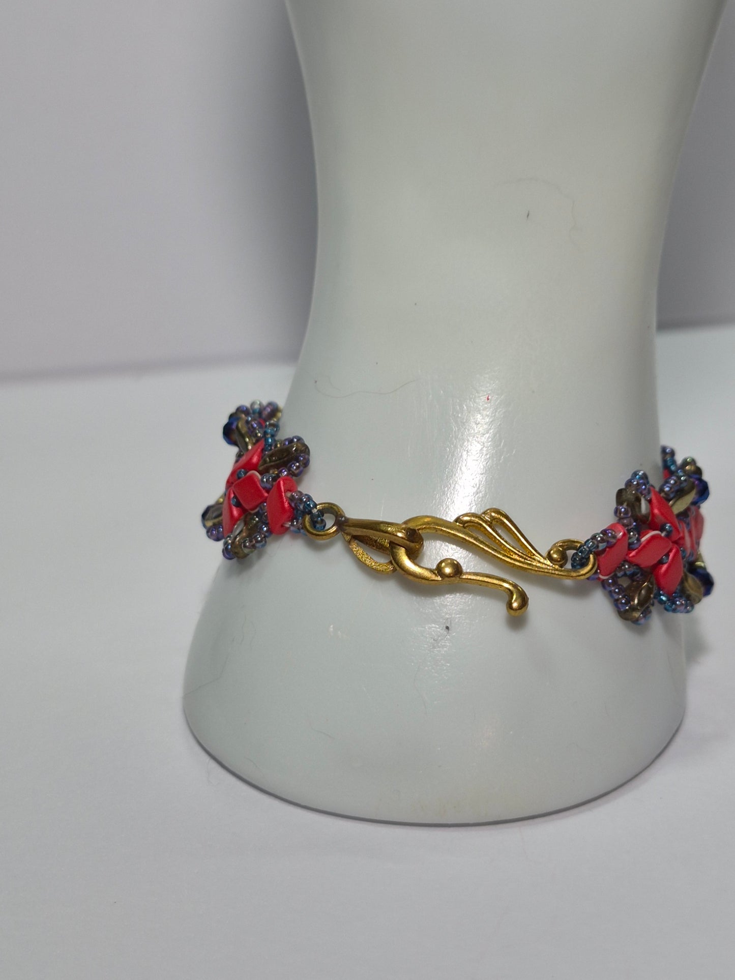 Red & Gold Geometric Lattice Woven Bracelet, Handmade Czech Glass Bead Bracelet with Cobalt Blue Rondelles & Metallic Rainbow Seed Beads, Artisan Statement Jewelry, Gift for Her