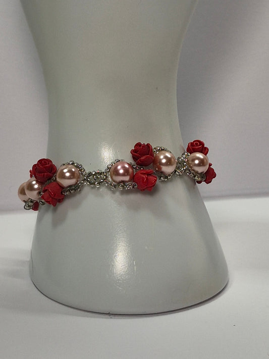 Red Rose & Blush Pearl Woven Bracelet, Handmade Beaded Bracelet with Rose Flower Beads & Pink Glass Pearls, Romantic Artisan Jewelry, Gift for Her