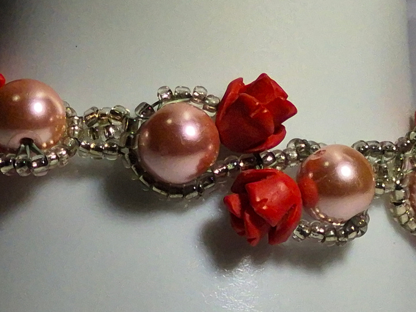 Red Rose Blush Pearl Beaded Bracelet, Artisan Lace-like Seed Bead Jewelry