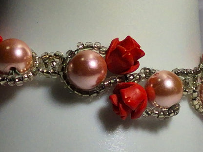 Red Rose Blush Pearl Beaded Bracelet, Artisan Lace-like Seed Bead Jewelry