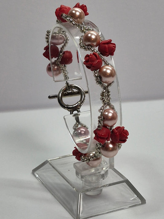 Red Rose & Blush Pearl Woven Bracelet, Handmade Beaded Bracelet with Rose Flower Beads & Pink Glass Pearls, Romantic Artisan Jewelry, Gift for Her
