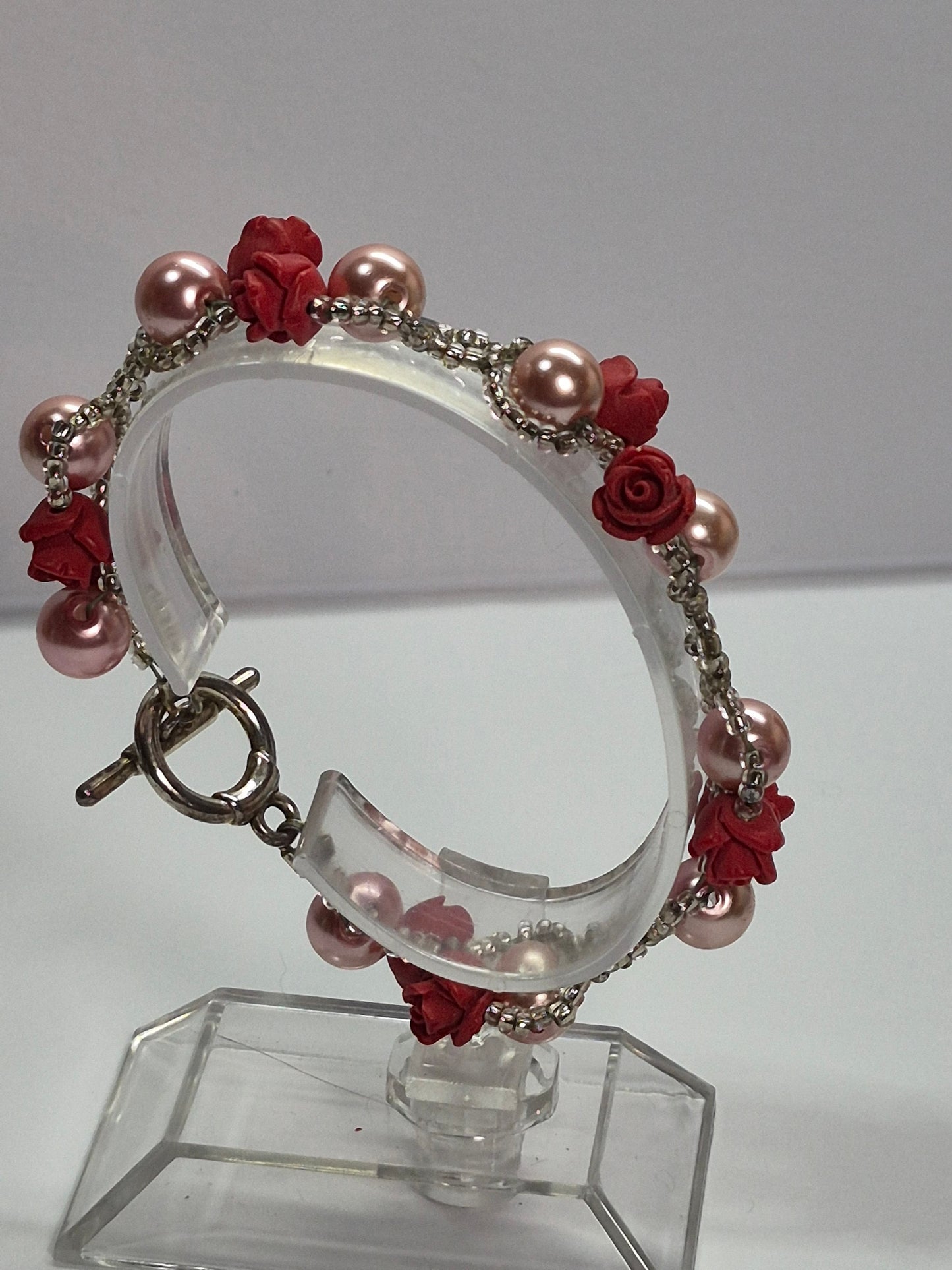 Red Rose Blush Pearl Beaded Bracelet, Artisan Lace-like Seed Bead Jewelry
