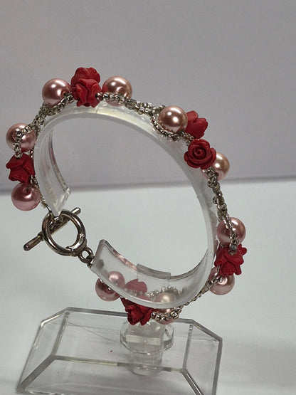 Red Rose Blush Pearl Beaded Bracelet, Artisan Lace-like Seed Bead Jewelry