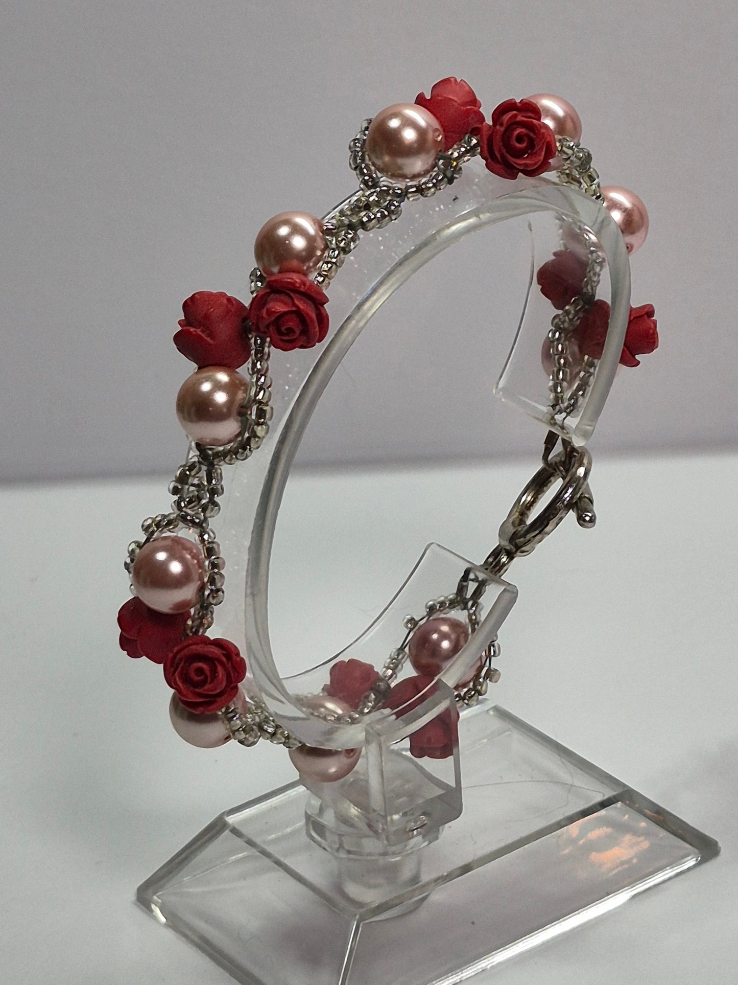 Red Rose Blush Pearl Beaded Bracelet, Artisan Lace-like Seed Bead Jewelry