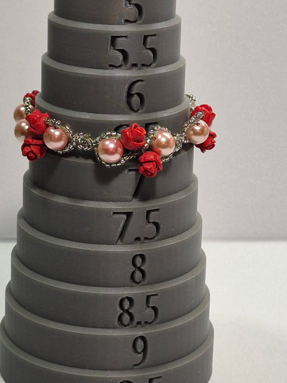 Red Rose Blush Pearl Beaded Bracelet, Artisan Lace-like Seed Bead Jewelry
