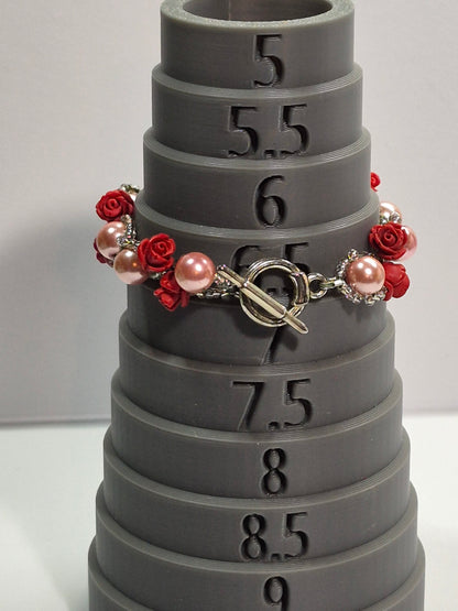 Red Rose Blush Pearl Beaded Bracelet, Artisan Lace-like Seed Bead Jewelry