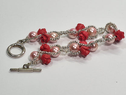 Red Rose Blush Pearl Beaded Bracelet, Artisan Lace-like Seed Bead Jewelry