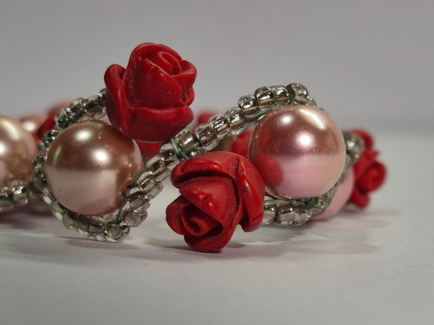 Red Rose Blush Pearl Beaded Bracelet, Artisan Lace-like Seed Bead Jewelry