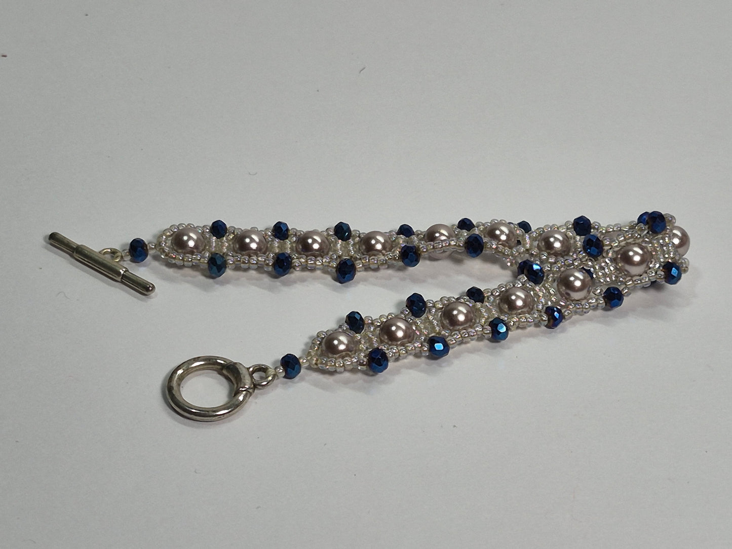 Champagne Pearl & Navy Crystal Woven Bracelet, Handmade Beaded Bracelet with Glass Pearls & Metallic Blue Rondelles, Bridal Artisan Jewelry, Gift for Her