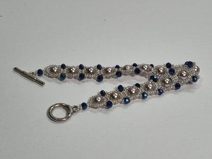 Champagne Pearl & Navy Crystal Woven Bracelet, Handmade Beaded Bracelet with Glass Pearls & Metallic Blue Rondelles, Bridal Artisan Jewelry, Gift for Her