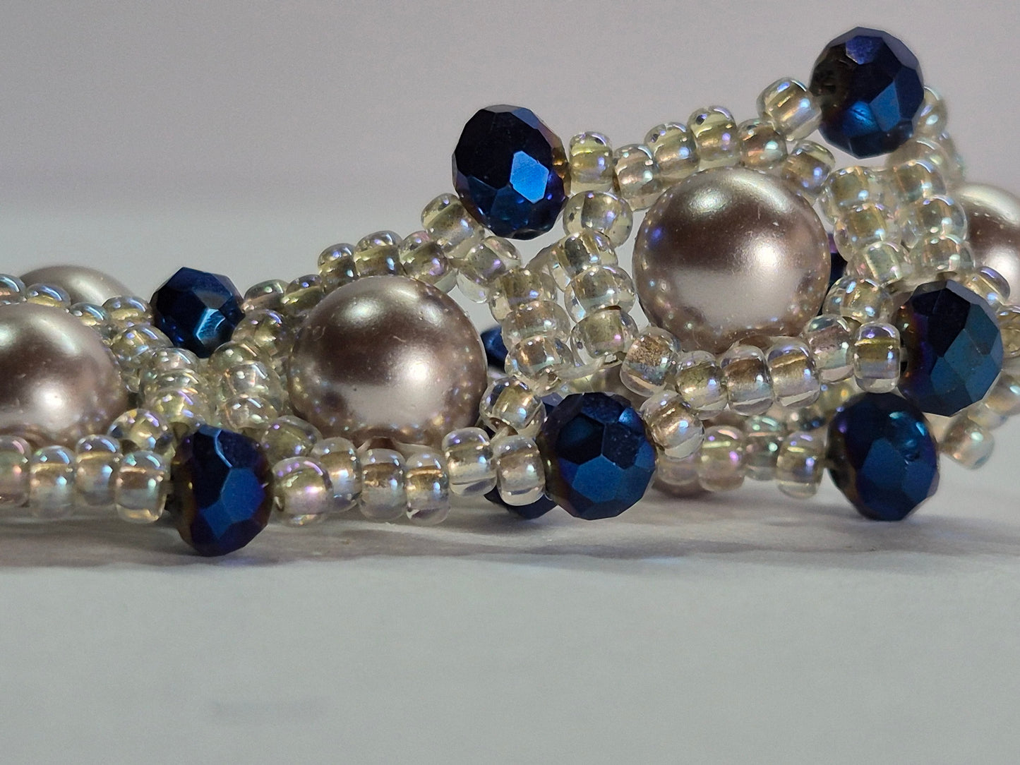 Champagne Pearl & Navy Crystal Woven Bracelet, Handmade Beaded Bracelet with Glass Pearls & Metallic Blue Rondelles, Bridal Artisan Jewelry, Gift for Her
