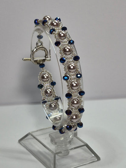 Champagne Pearl & Navy Crystal Woven Bracelet, Handmade Beaded Bracelet with Glass Pearls & Metallic Blue Rondelles, Bridal Artisan Jewelry, Gift for Her
