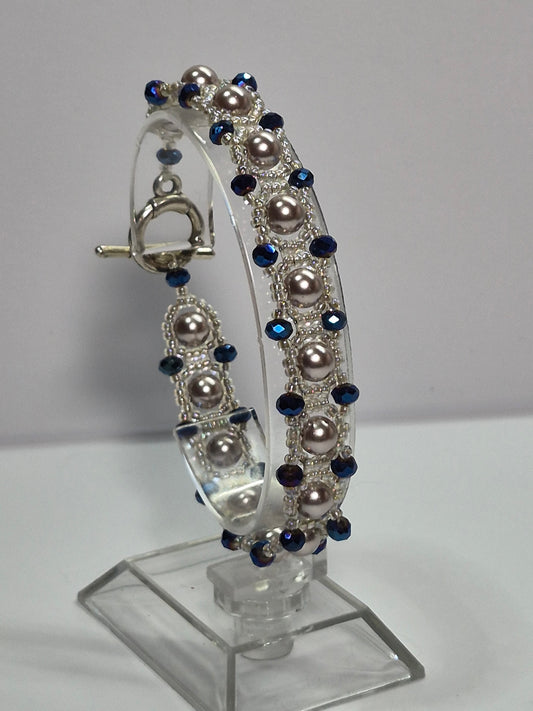Champagne Pearl & Navy Crystal Woven Bracelet, Handmade Beaded Bracelet with Glass Pearls & Metallic Blue Rondelles, Bridal Artisan Jewelry, Gift for Her