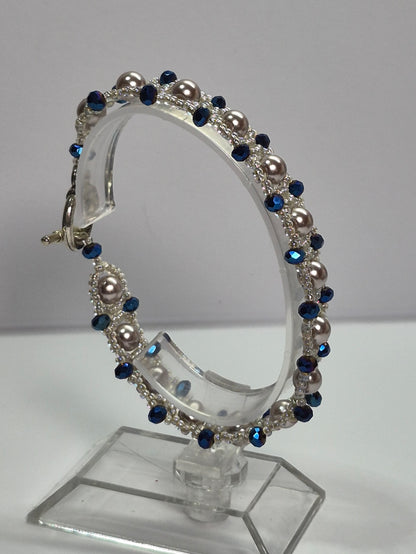 Champagne Pearl & Navy Crystal Woven Bracelet, Handmade Beaded Bracelet with Glass Pearls & Metallic Blue Rondelles, Bridal Artisan Jewelry, Gift for Her