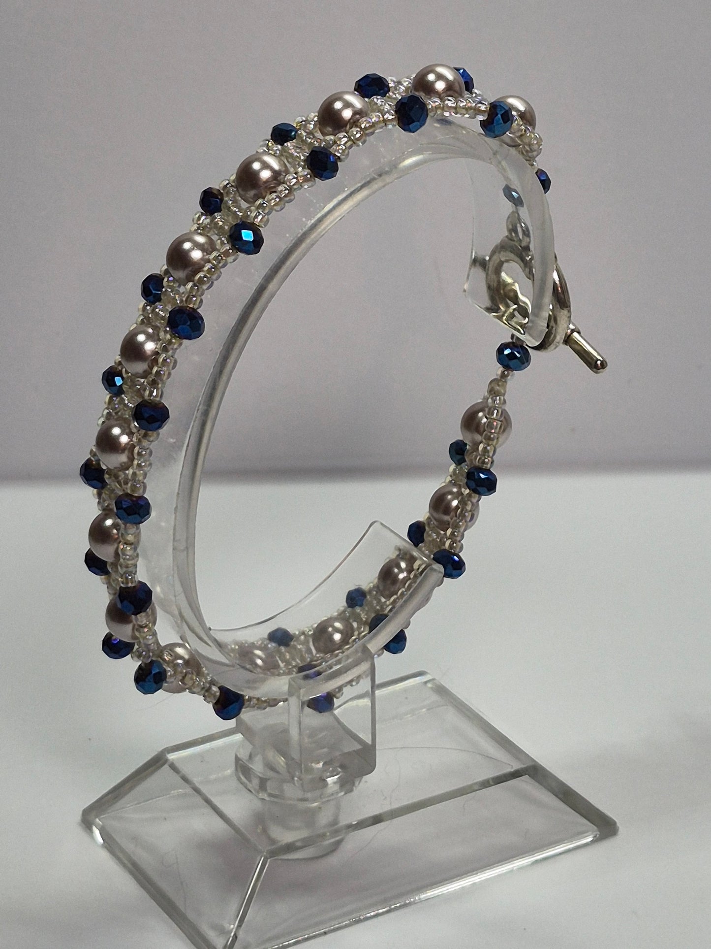 Champagne Pearl & Navy Crystal Woven Bracelet, Handmade Beaded Bracelet with Glass Pearls & Metallic Blue Rondelles, Bridal Artisan Jewelry, Gift for Her