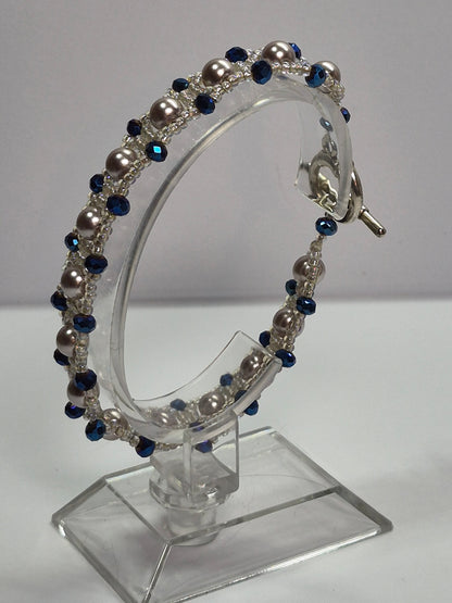 Champagne Pearl & Navy Crystal Woven Bracelet, Handmade Beaded Bracelet with Glass Pearls & Metallic Blue Rondelles, Bridal Artisan Jewelry, Gift for Her