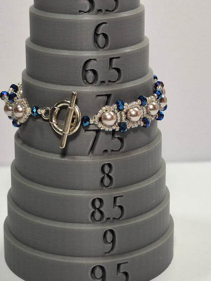 Champagne Pearl & Navy Crystal Woven Bracelet, Handmade Beaded Bracelet with Glass Pearls & Metallic Blue Rondelles, Bridal Artisan Jewelry, Gift for Her