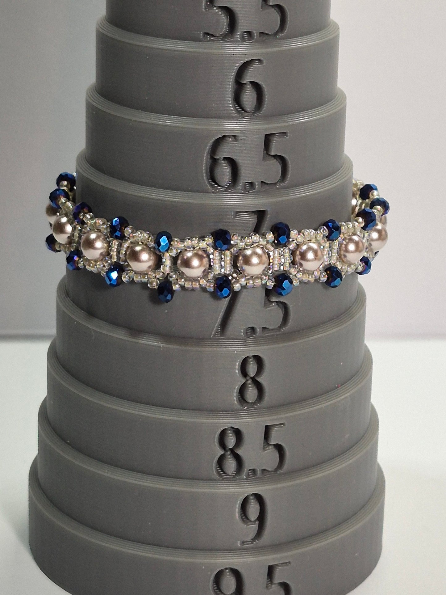 Champagne Pearl & Navy Crystal Woven Bracelet, Handmade Beaded Bracelet with Glass Pearls & Metallic Blue Rondelles, Bridal Artisan Jewelry, Gift for Her