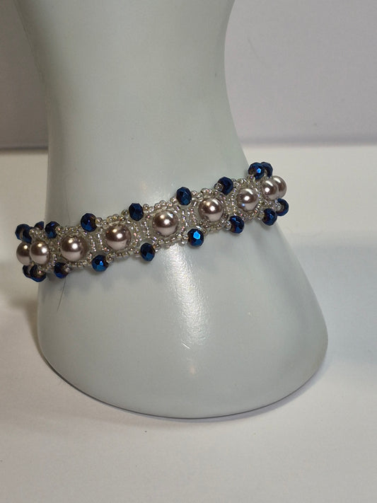 Champagne Pearl & Navy Crystal Woven Bracelet, Handmade Beaded Bracelet with Glass Pearls & Metallic Blue Rondelles, Bridal Artisan Jewelry, Gift for Her