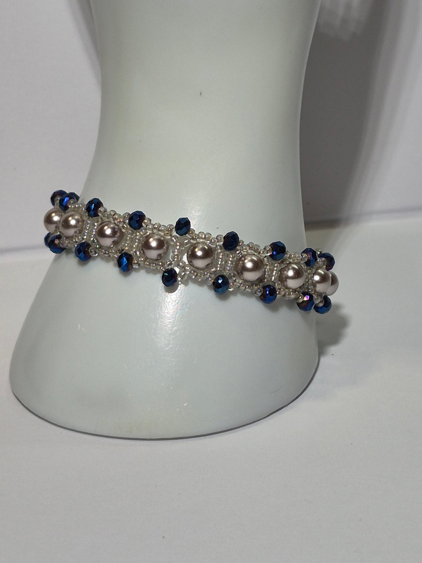 Champagne Pearl & Navy Crystal Woven Bracelet, Handmade Beaded Bracelet with Glass Pearls & Metallic Blue Rondelles, Bridal Artisan Jewelry, Gift for Her