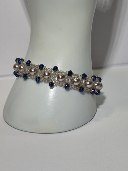 Champagne Pearl & Navy Crystal Woven Bracelet, Handmade Beaded Bracelet with Glass Pearls & Metallic Blue Rondelles, Bridal Artisan Jewelry, Gift for Her
