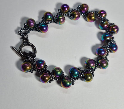 Rainbow Hematite Woven Bracelet – Handmade Iridescent Beaded Bracelet with Toggle Clasp