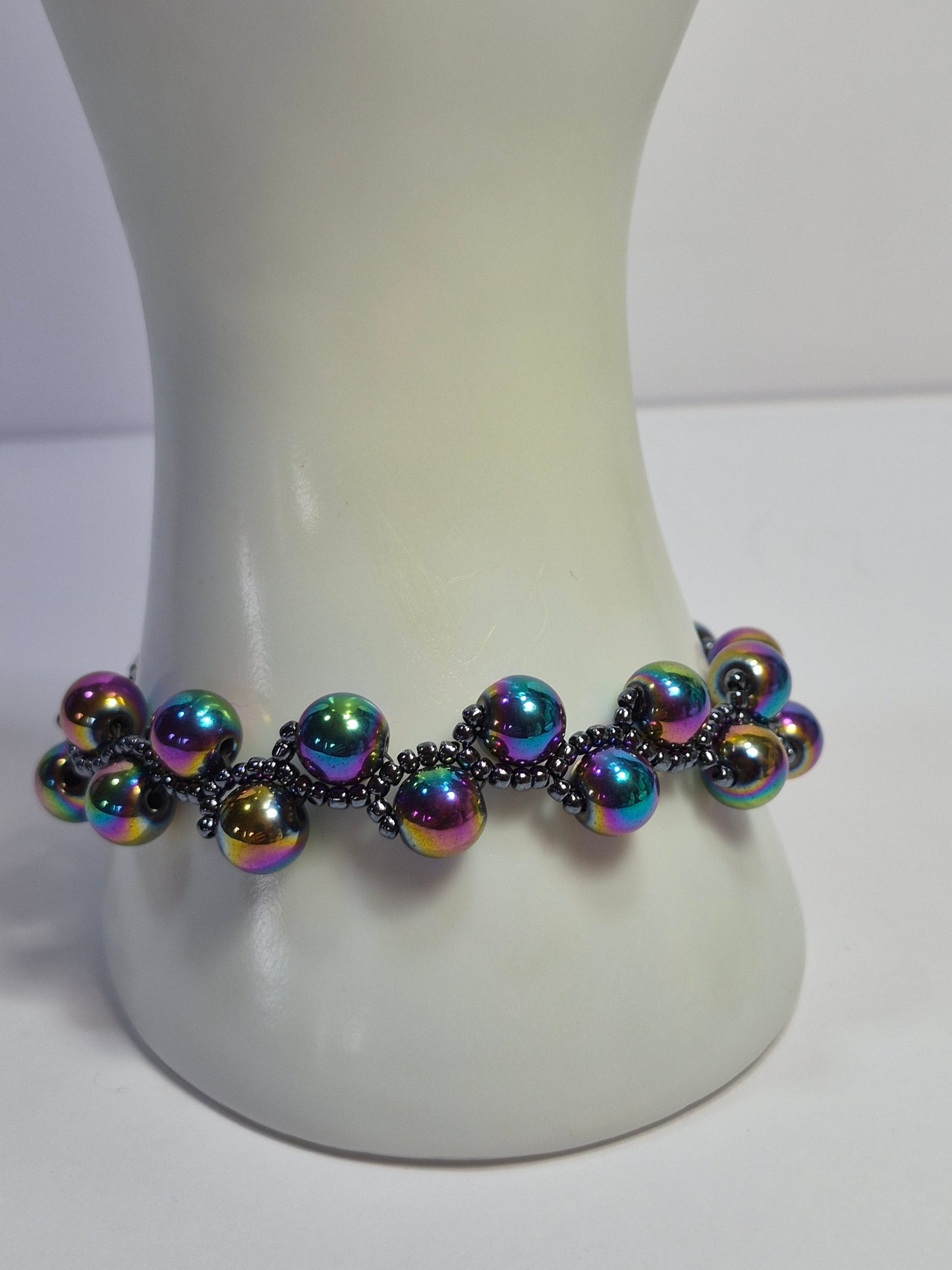Rainbow Hematite Woven Bracelet – Handmade Iridescent Beaded Bracelet with Toggle Clasp