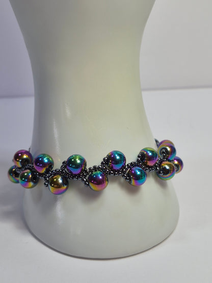 Rainbow Hematite Woven Bracelet – Handmade Iridescent Beaded Bracelet with Toggle Clasp