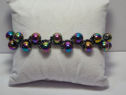 Rainbow Hematite Woven Bracelet – Handmade Iridescent Beaded Bracelet with Toggle Clasp