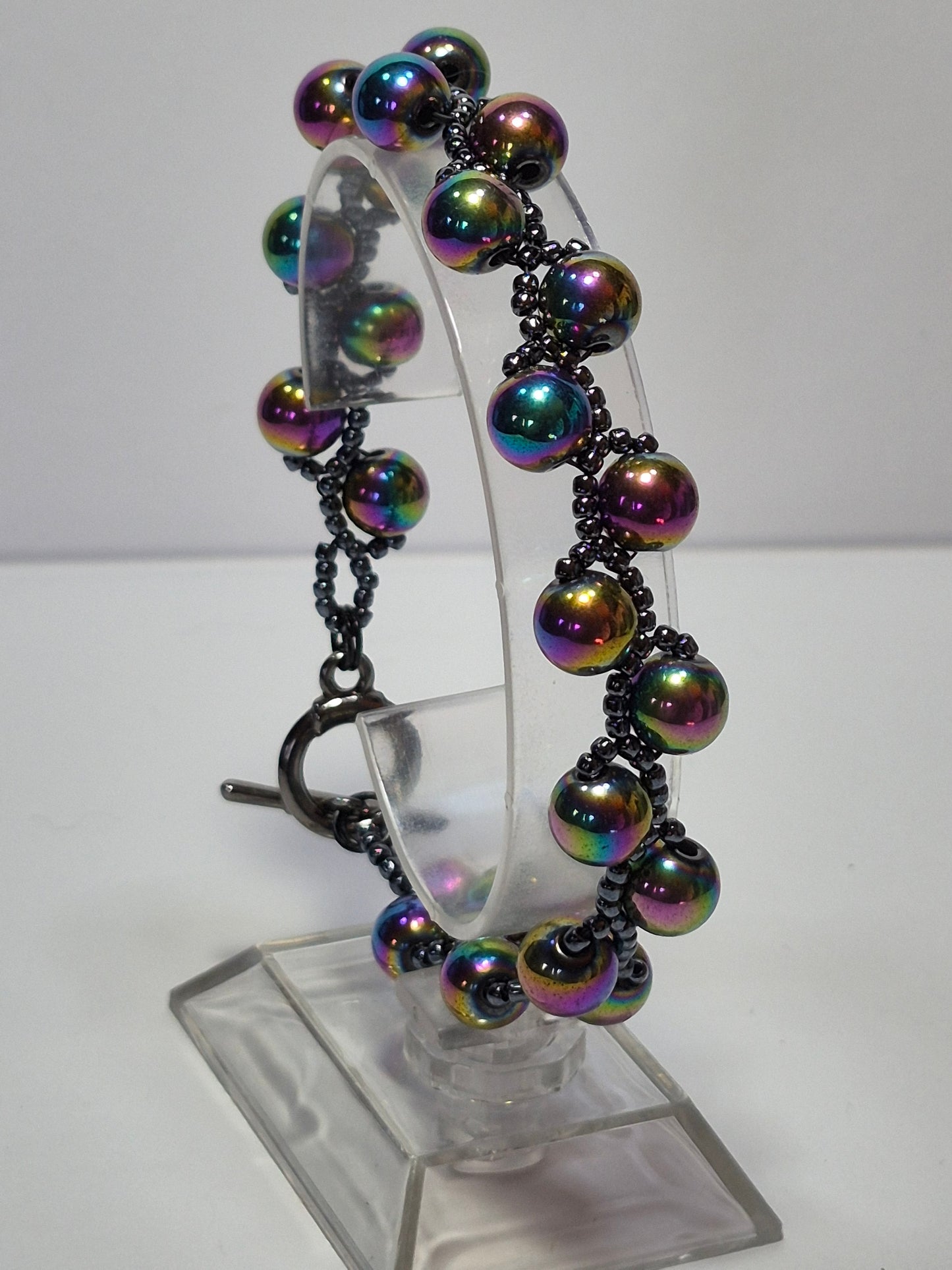 Rainbow Hematite Woven Bracelet – Handmade Iridescent Beaded Bracelet with Toggle Clasp