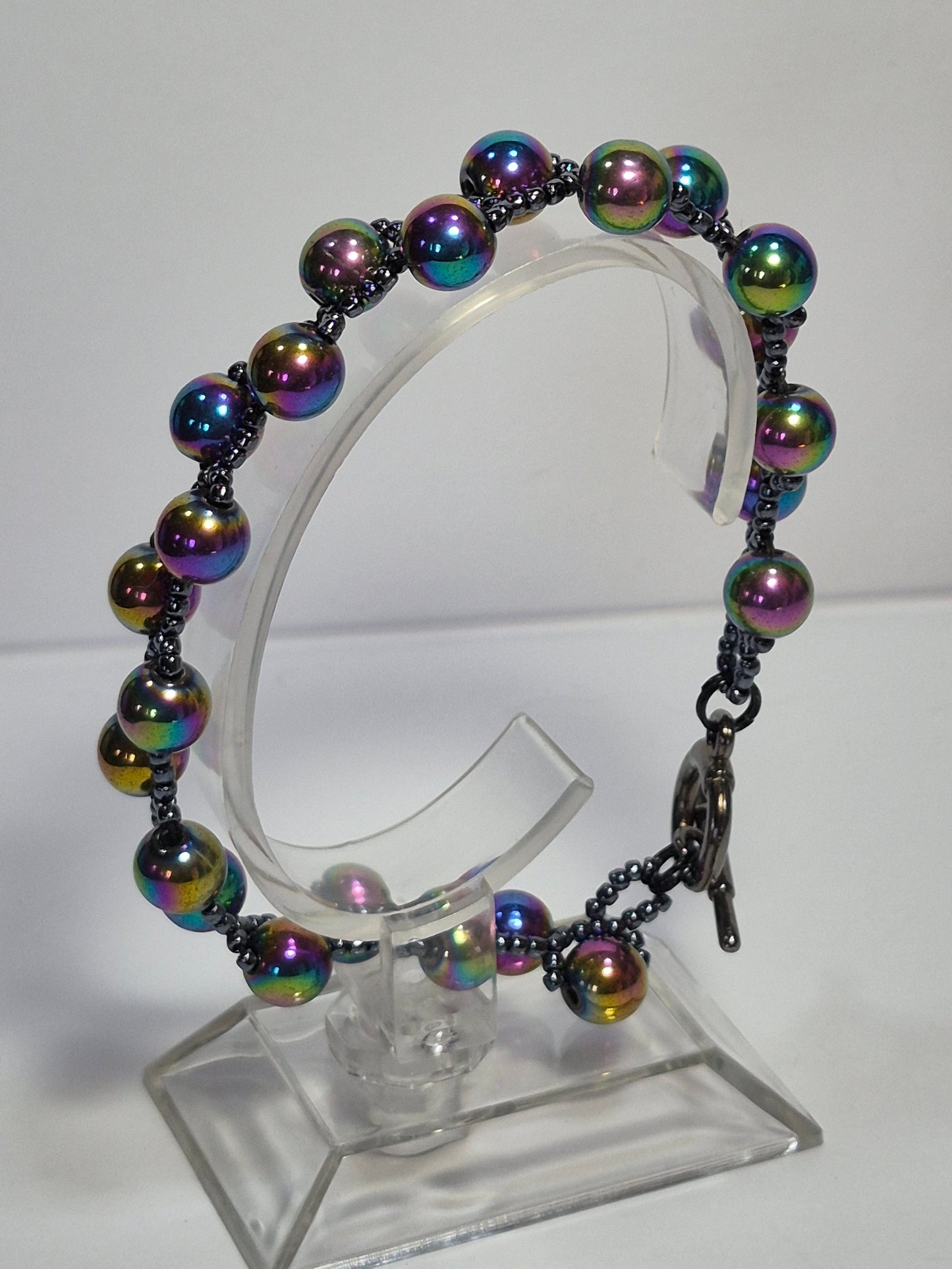 Rainbow Hematite Woven Bracelet – Handmade Iridescent Beaded Bracelet with Toggle Clasp