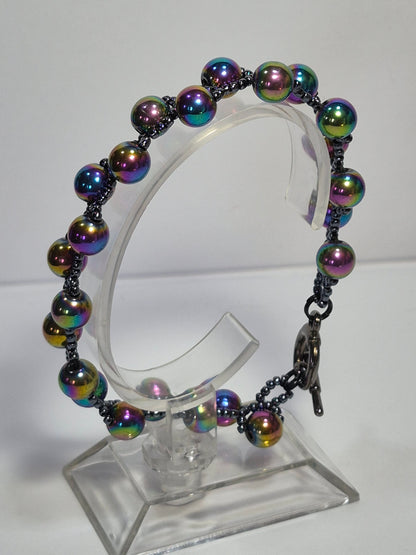 Rainbow Hematite Woven Bracelet – Handmade Iridescent Beaded Bracelet with Toggle Clasp