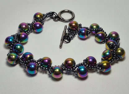 Rainbow Hematite Woven Bracelet – Handmade Iridescent Beaded Bracelet with Toggle Clasp