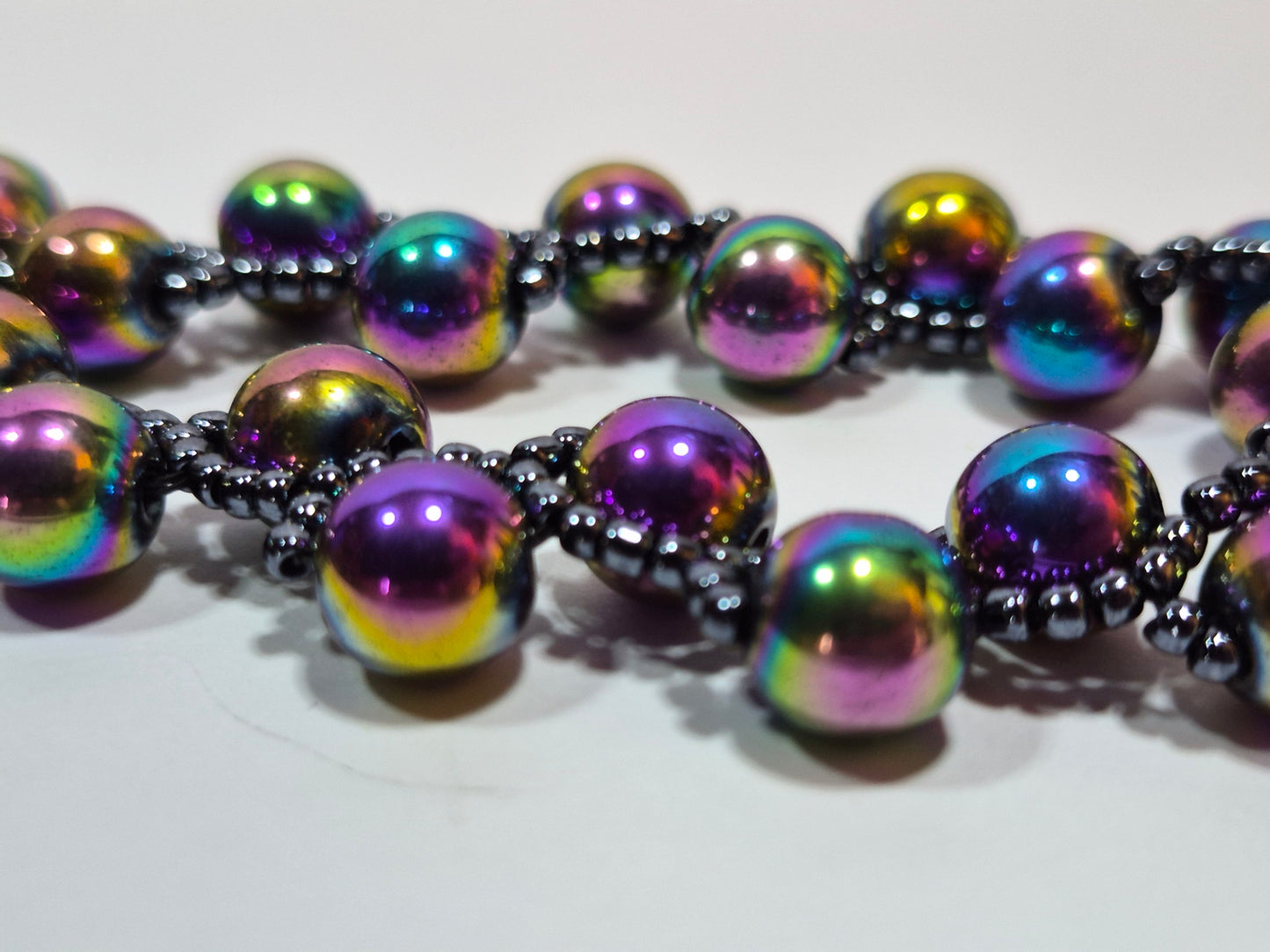 Rainbow Hematite Woven Bracelet – Handmade Iridescent Beaded Bracelet with Toggle Clasp